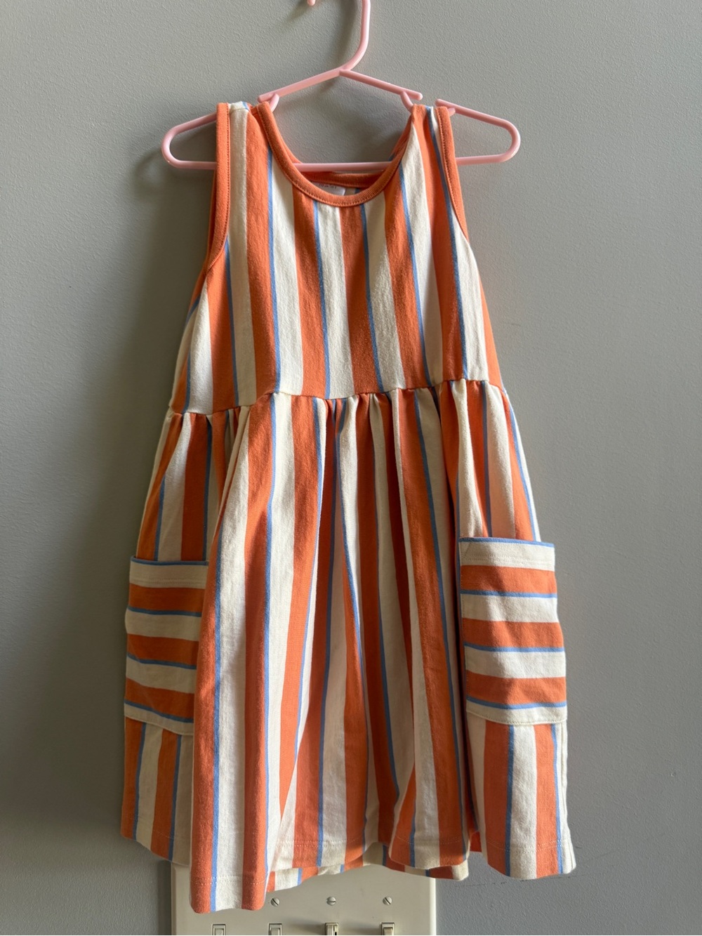 Hanna Andersson Orange, Cream & Blue Striped Sleeveless Pocket Dress
